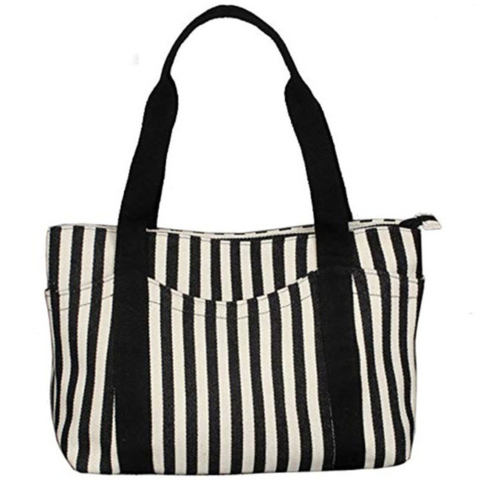 black &white striped canvas travel tote bag